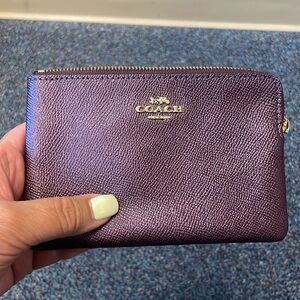 Coach Metallic Eggplant Pebbled Leather Corner Zip Wristlet